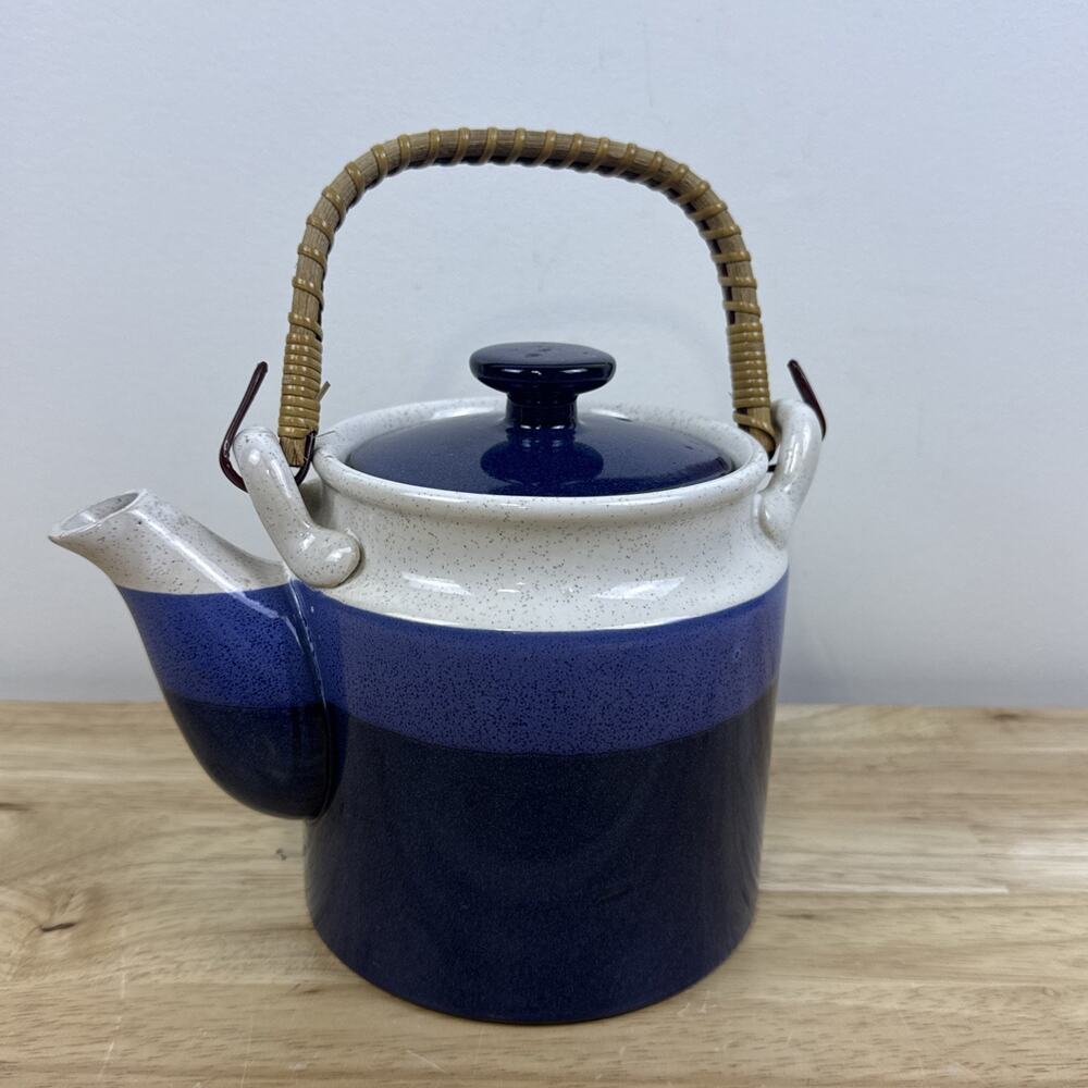 VTG Blue Multi Tone Otagiri Teapot With Rattan Handle 8”